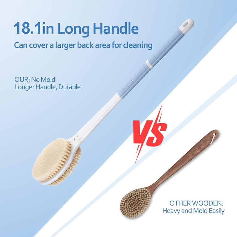 Blue Long Handled Body Shower Brush Back Scrubber with Stiff and Soft Bristles
