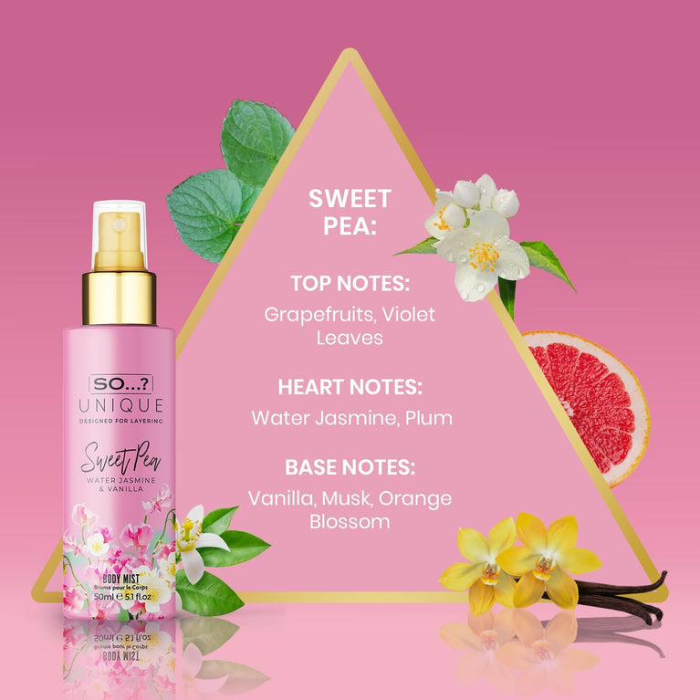 So…? Unique Mini Mist Womens Gift Set with Vanilla Candy/Sweet Pea, Truffle Cream, & White Blossom, Body Mist Fragrance Spray Set