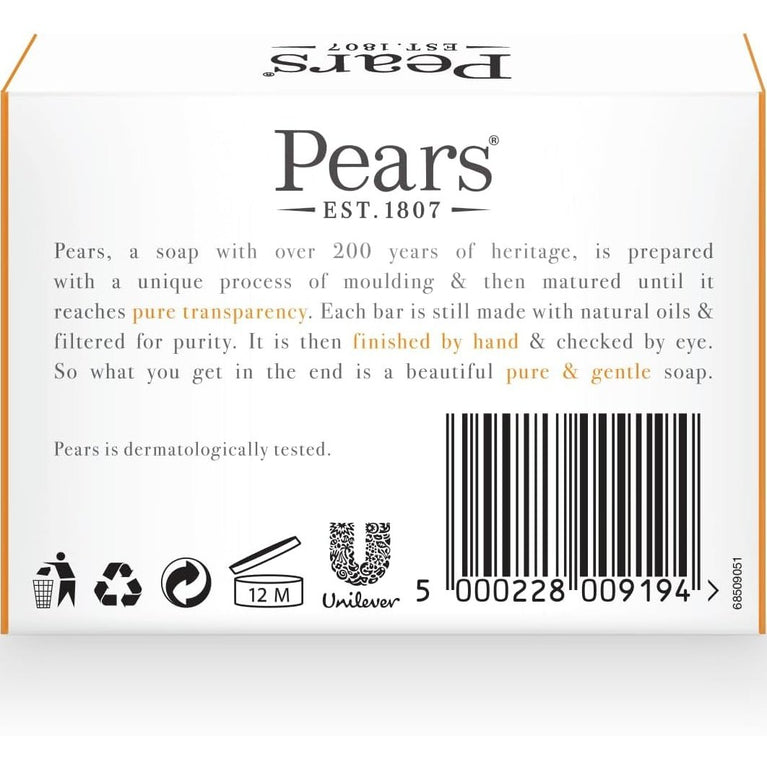 Pears Pure & Gentle Transparent Soap Bar with Natural Oils 125g (12 Pack)