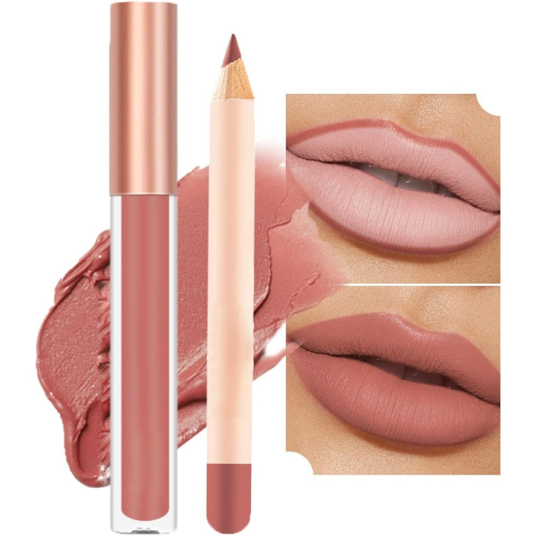 Volume-Enhancing Lipstick and Lip Liner Set - Waterproof, Long-Lasting Lip Stain in Nude Shade - Non-Sticky, Highly Pigmented Lip Makeup Kit for Everyday Use (07)