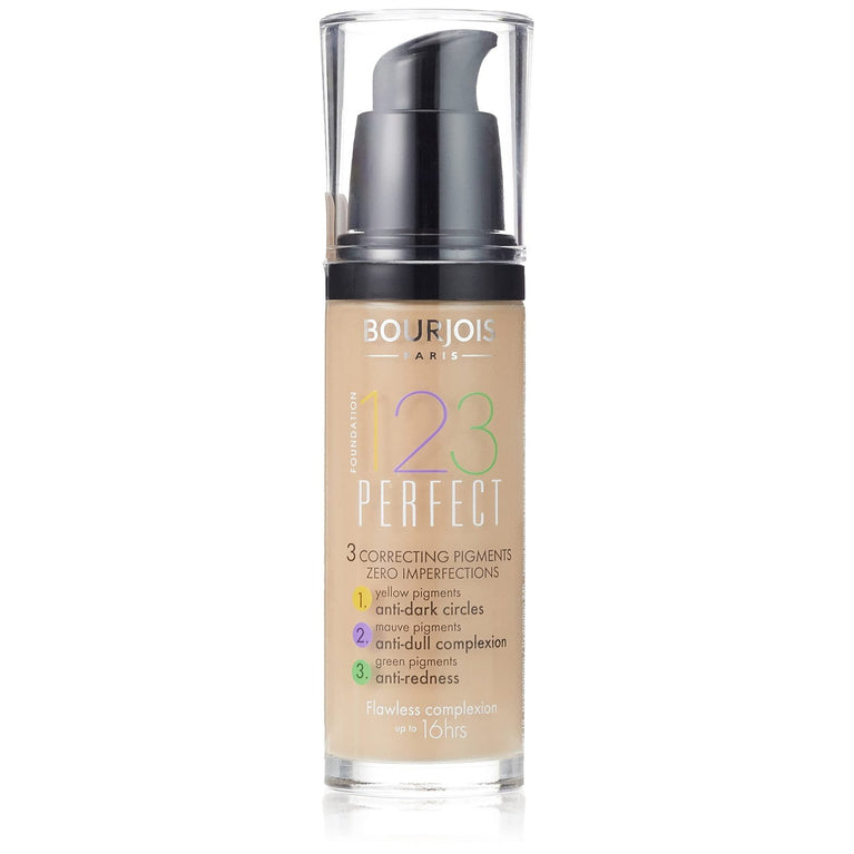 Bourjois 123 Perfect 16-Hour Lasting Medium Coverage Foundation in 52 Vanilla, 30ml with Color Correcting Pigments and SPF 10 Protection