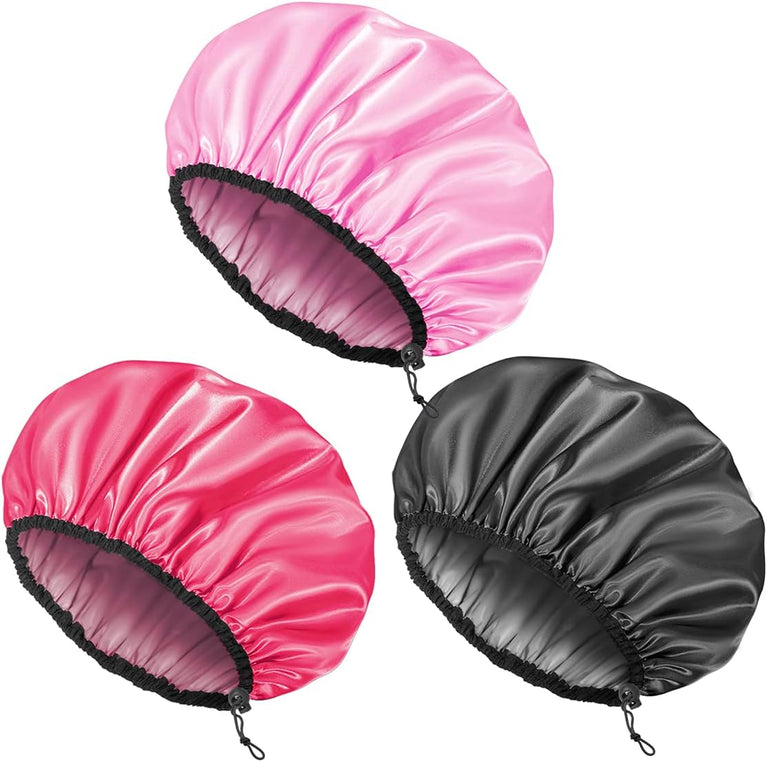 Adjustable Reusable Shower Cap Set for Women, Extra Large, Waterproof, 3-Pack, All Hair Lengths, 3 Colors