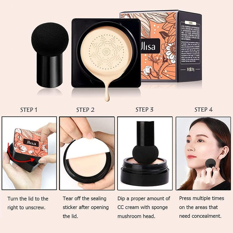 Plant-Based Air Cushion CC Cream with Concealing Effect, Long-Lasting Moisture Control BB Cream and Inclusive Mushroom Makeup Sponge