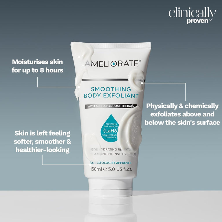 AMELIORATE Smoothing Body Exfoliant 150ml | Suitable for KP, Normal and Dry Skin | Softens Skin with Lasting Hydration for up to 8 hours | Dermatologist Approved and Clinically Proven