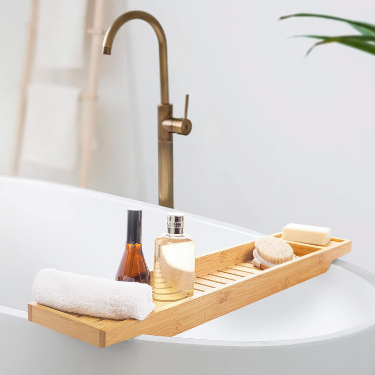 Woodluv Slimline Bamboo Bathtub Caddy Tray Bridge - Natural Bamboo Bath Caddy for Luxurious Spa Experience