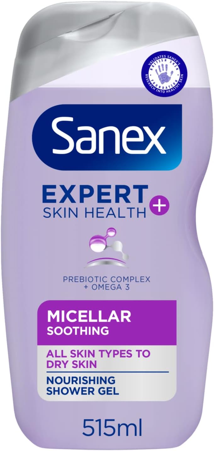 Sanex Expert Skin Health+ Micellar Soothing Shower Gel 515ml, for Dry and Tight Skin, Unisex Body Wash for 12-Hour Hydration