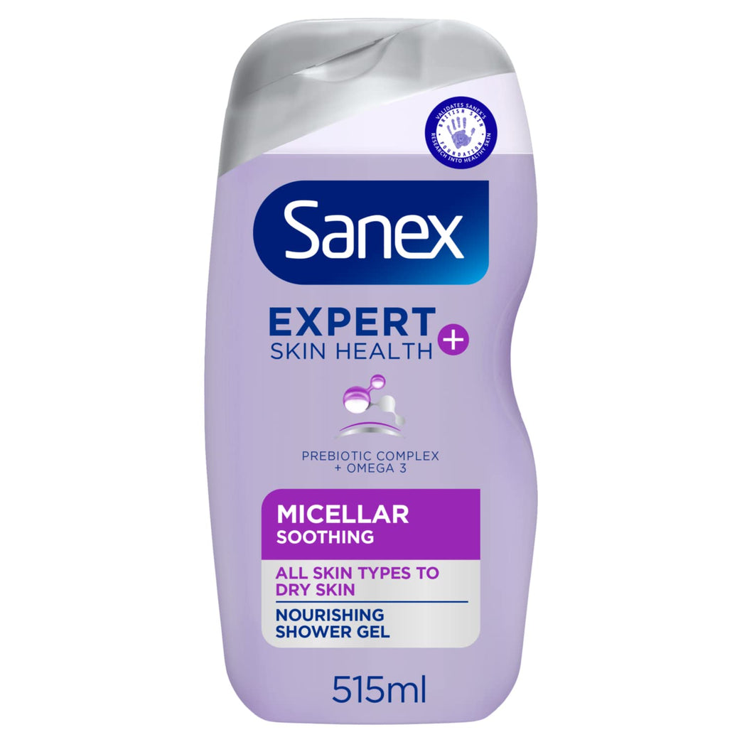 Sanex Expert Skin Health+ Micellar Soothing Shower Gel 515ml, for Dry and Tight Skin, Unisex Body Wash for 12-Hour Hydration