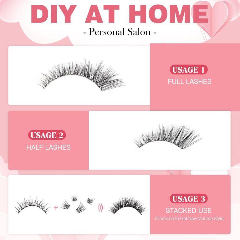 GlowingWin Home DIY Lash Extensions - 144PCS Wispy False Eyelashes in Mixed Lengths, C D Curl Strip Eye Lashes with Transparent Band, Cruelty-Free Natural Look Cluster Lashes 8-16mm, Durable and Reusable