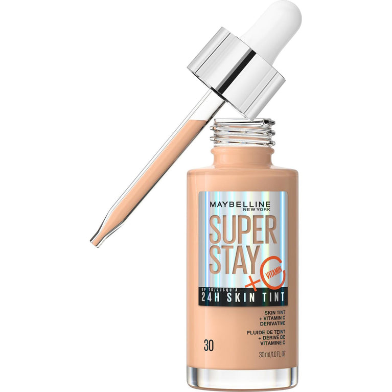 Maybelline 24H Super Stay Skin-Enhancing Foundation with Brightening Vitamin C, Vegan and Suitable for All Skin Types, Shade 30