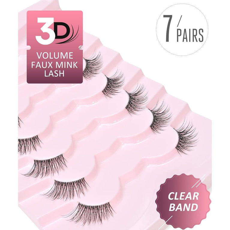 Onlyall Premium 3D Faux Mink Half Lashes - Natural Look Wispy Lashes with Clear Band, Pack of 7 Pairs for Subtle Lift and Glam Look, C02