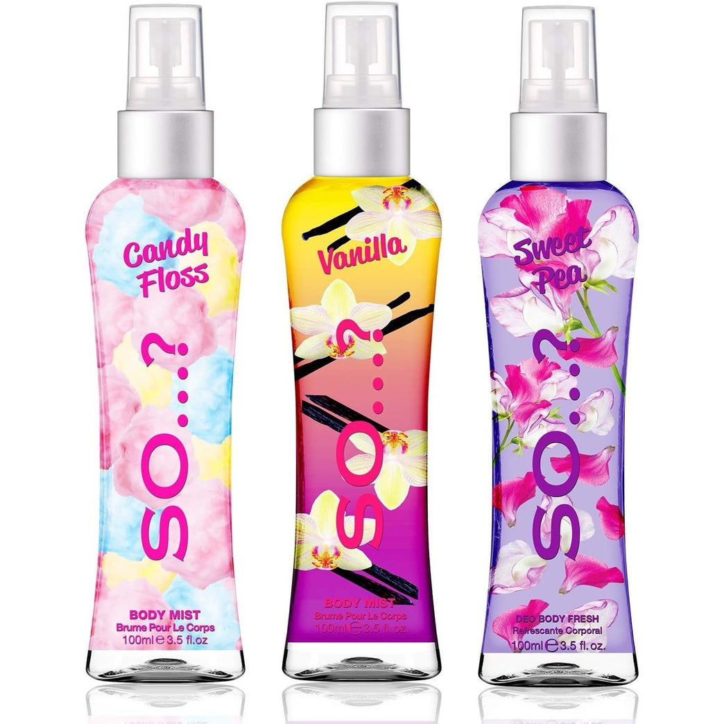 So...? Women's Mixed Fragrance Body Spray Bundle - Candy Floss, Vanilla, Sweet Pea (Pack of 3)