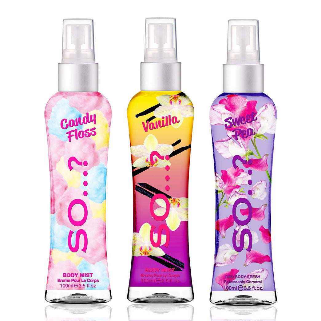 So...? Women's Mixed Fragrance Body Spray Bundle - Candy Floss, Vanilla, Sweet Pea (Pack of 3)