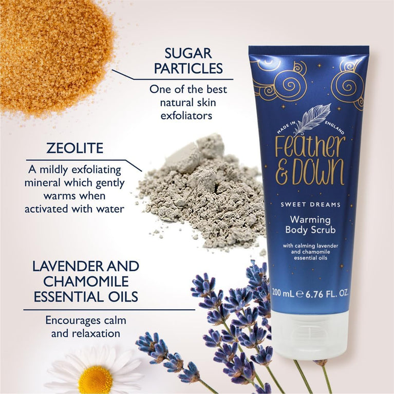 Feather & Down Warming Body Scrub (200ml) - With Calming Lavender & Chamomile Essential Oils. Exfoliates & Gently Warms Tired Muscles. Relieving Tensions from the day.