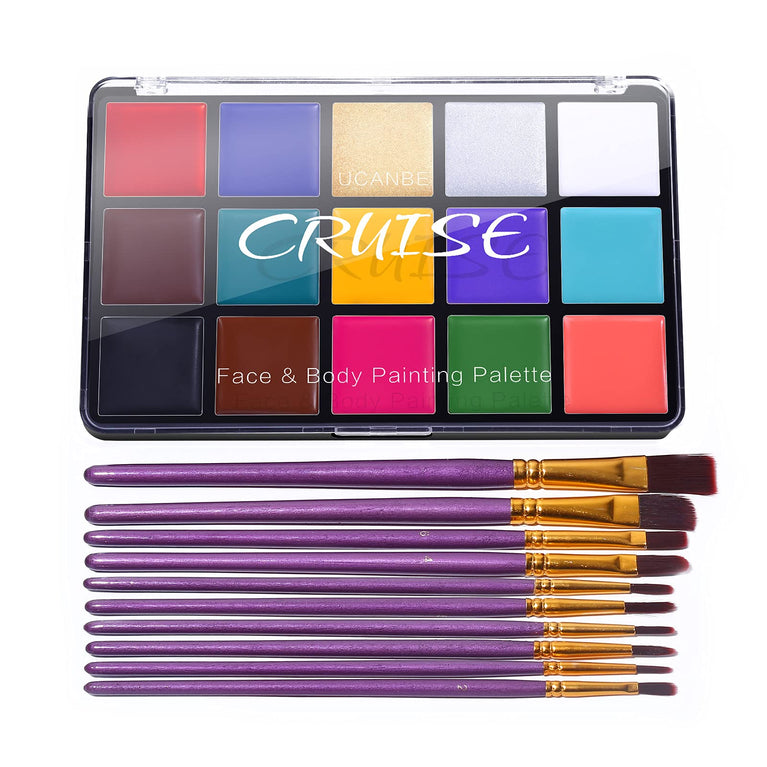 UCANBE Vibrant 15-Color Professional Body and Face Painting Kit with High-Precision 10-Piece Brush Set (Classic Edition)