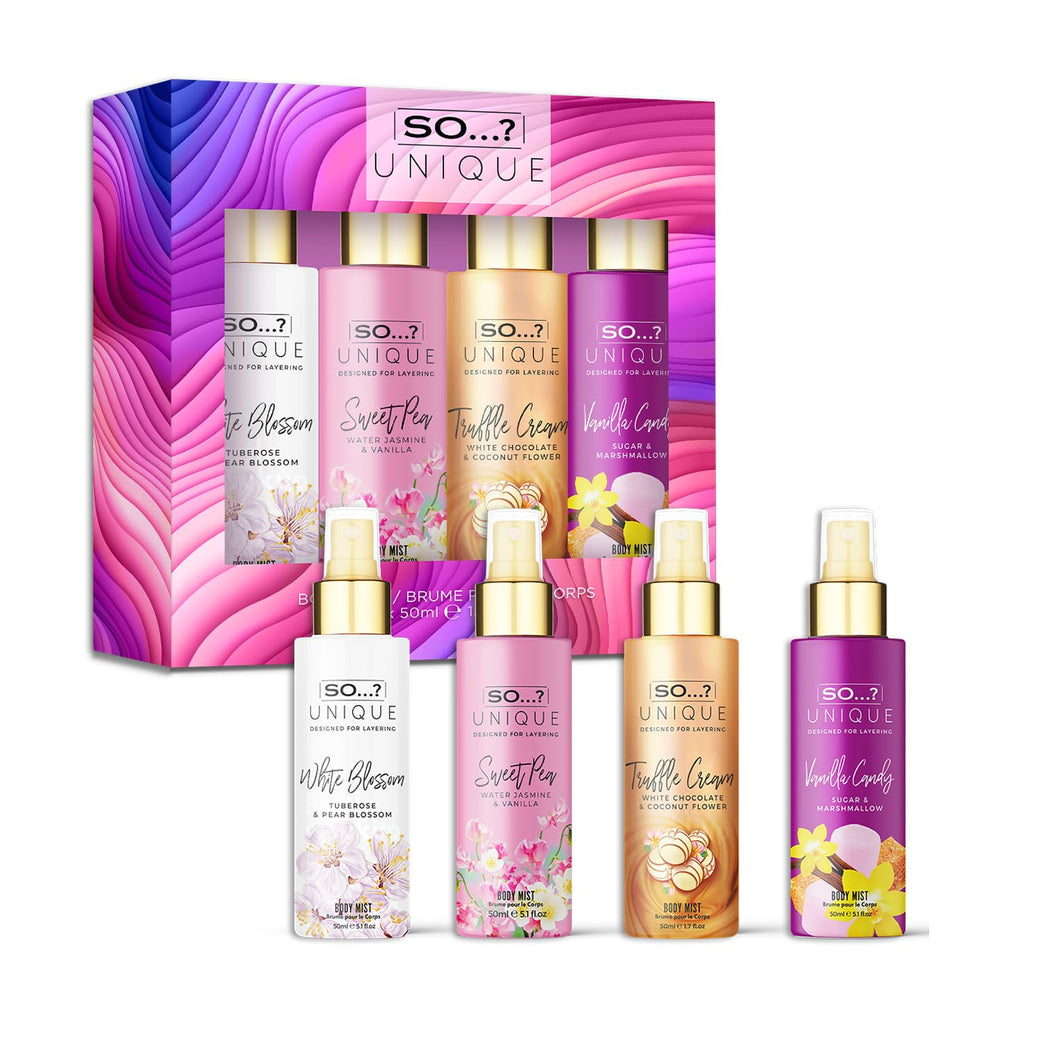 So…? Unique Mini Mist Womens Gift Set with Vanilla Candy/Sweet Pea, Truffle Cream, & White Blossom, Body Mist Fragrance Spray Set