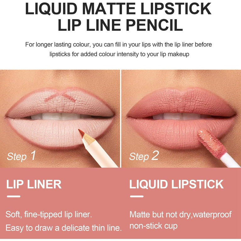 Volume-Enhancing Lipstick and Lip Liner Set - Waterproof, Long-Lasting Lip Stain in Nude Shade - Non-Sticky, Highly Pigmented Lip Makeup Kit for Everyday Use (07)