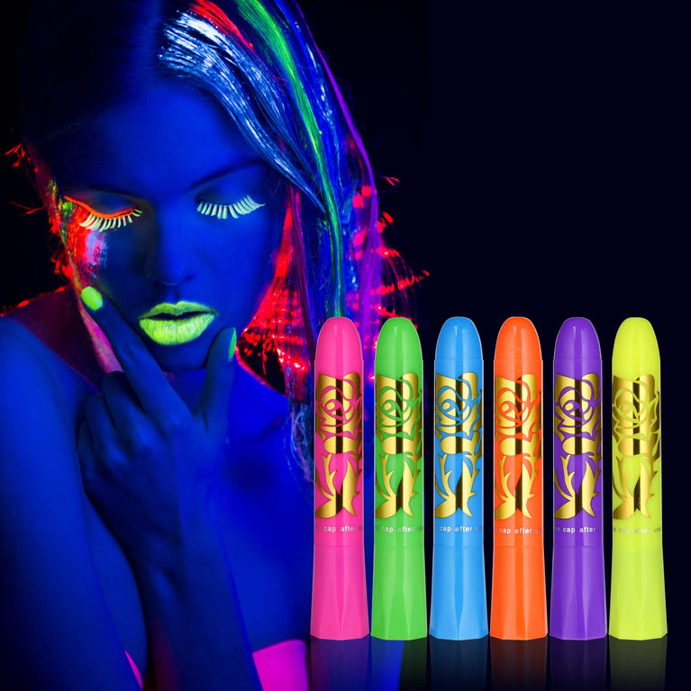 AOOWU Fluorescent Neon Face Paint Crayons Set, 6 Dazzling Colors, Easy-to-Use, Non-Toxic, Safe for Kids & Adults, Perfect for Halloween, Cosplay, Parties - Experience the Brightest Glow under UV Light!