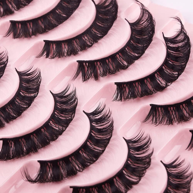 10 Pairs of D-Curly Russian Faux Mink Strip Eyelashes - Natural, Fluffy, Wispy, and Reusable Short Thick Lashes for Every Occasion