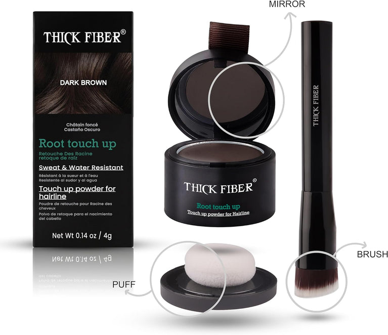 THICK FIBER Root Touch Up Powder, Root Cover Up Hairline Powder for Thin Hair - Water & Sweat Resistant Hair Loss Concealer Set with Hair Powder for Thinning Hair Women, Includes Brush (Dark Brown)