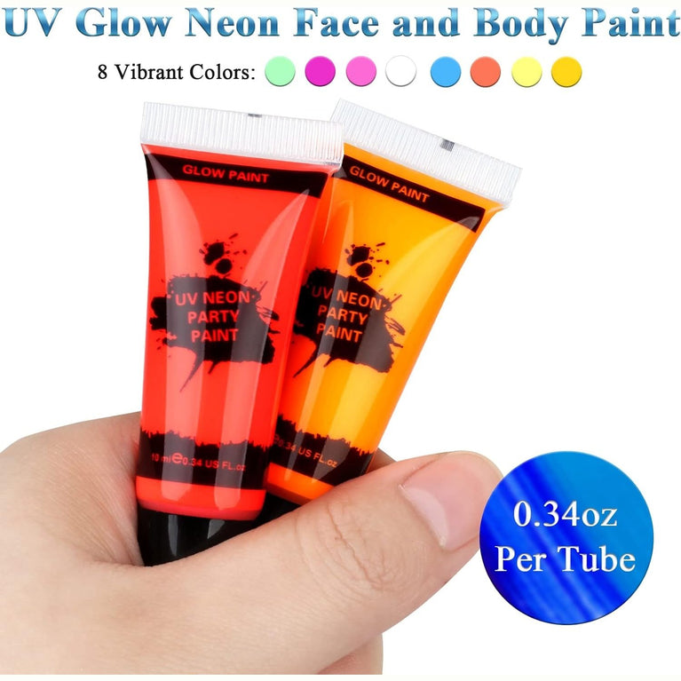 Neon UV Blacklight Reactive Body and Face Paint Set with Brushes and Palette - Non-Toxic and Easy to Clean - 8 Brilliant Fluorescent Colors (10ml each)