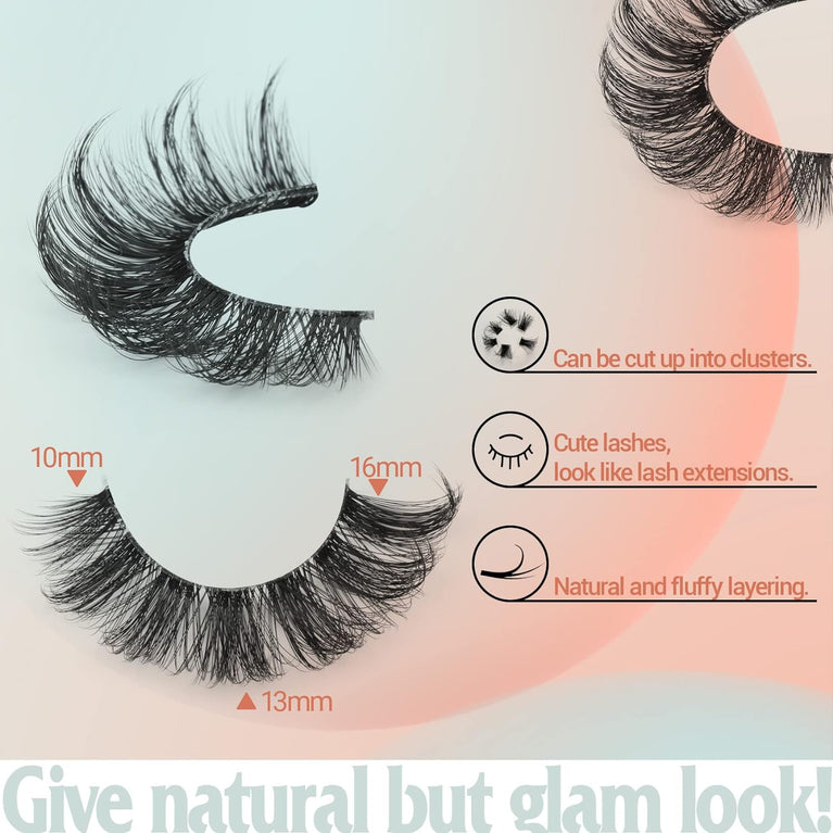 Goddvenus 16mm Natural-look Eyelash Pack, 3D Curly Cat Eye Lashes Strips, 7 Pairs of Reusable Fluffy D Curl Short Volume Lashes with Clear Band – Resembles Extensions