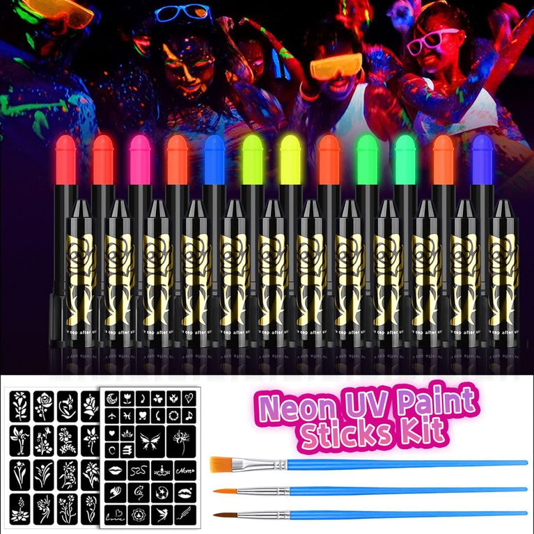 12-Pack UV Reactive Neon Face and Body Paint Crayons with Stencils and Brushes for Glow Parties, Halloween, and Discos
