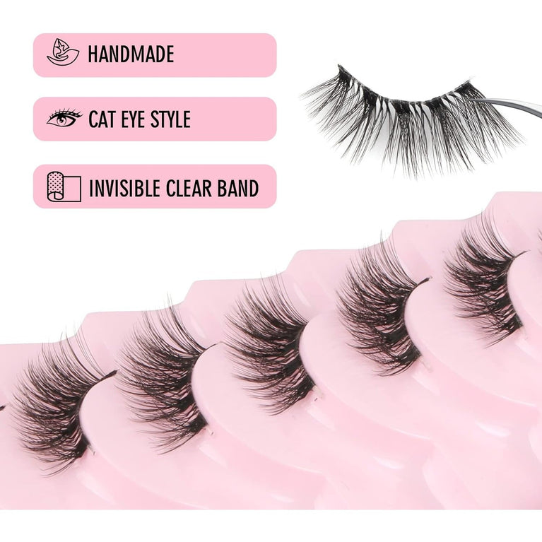 Glowingwin Reusable Mink Half Lashes - Cat Eye False Eyelashes with Clear Band - 10 Pairs of Natural Looking, Handmade, Lightweight, Easy-to-Apply Corner Lashes