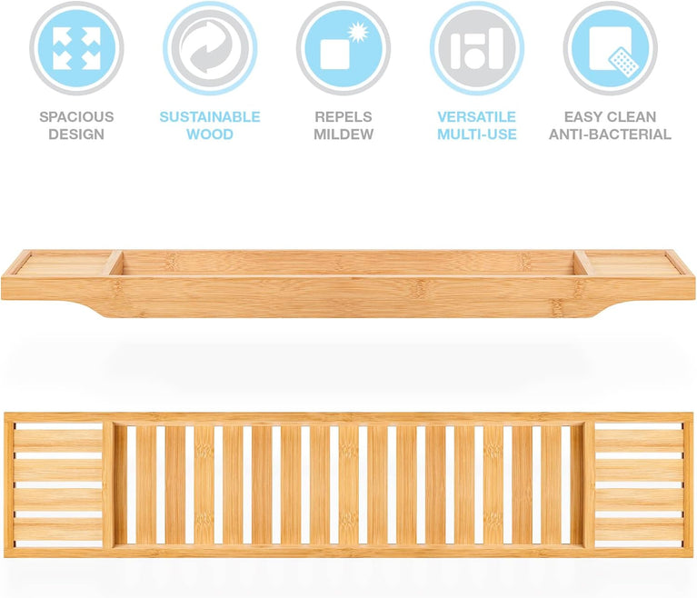 Woodluv Slimline Bamboo Bathtub Caddy Tray Bridge - Natural Bamboo Bath Caddy for Luxurious Spa Experience