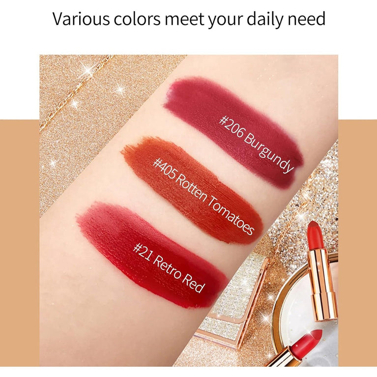 Long-Lasting Velvet Matte Lipstick Trio with Silver Chain Bag Packaging - Waterproof, Non-Stick and Retractable - 3 Popular Shades, 3.5g Each