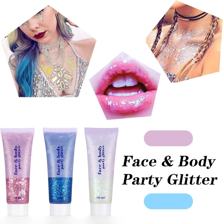 Mermaid Sequin Body Gel Set: 3Pcs 50ml Holographic Glitter Makeup, Chunky Powder for Face, Body, Eye, Hair, Nail Art, and DIY Projects - Perfect for Festivals and Parties