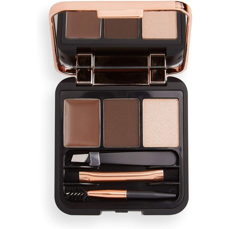 Makeup Revolution Dark Brown Brow Sculpting Kit with Gel, Powder, Highlighter, and Tools- Vegan and Cruelty-Free, 2.2 g