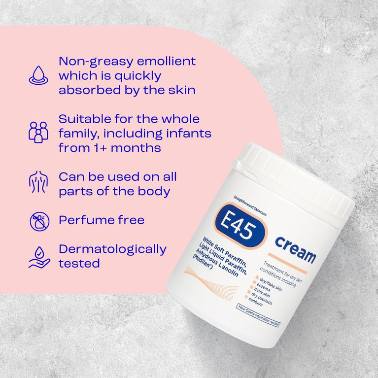 E45 Cream 500g Tub - Emollient Body Cream for Dry & Sensitive Skin