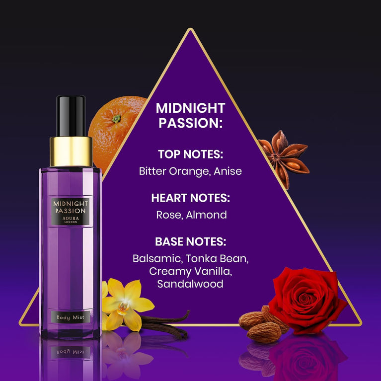 AOURA LONDON Trio Womens Body Mist Gift Set with Fragrance Sprays in Midnight Passion, Love Rush, & Pretty Woman - 3x60ml