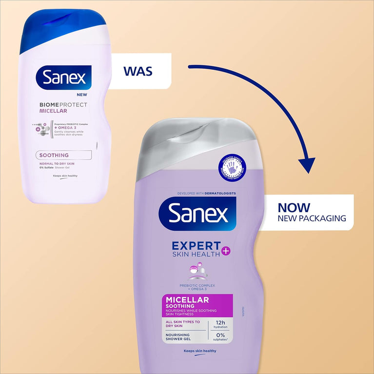 Sanex Expert Skin Health+ Micellar Soothing Shower Gel 515ml, for Dry and Tight Skin, Unisex Body Wash for 12-Hour Hydration