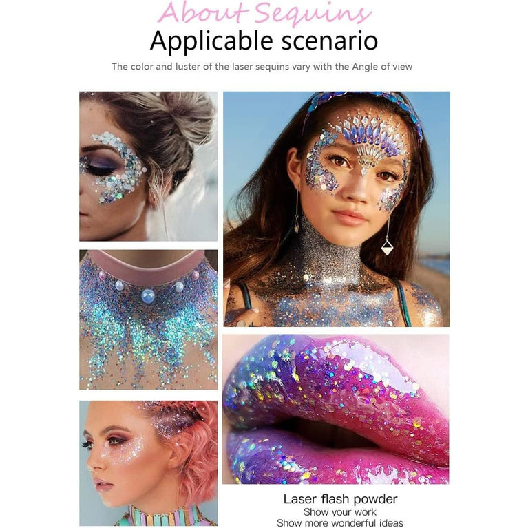 Holographic Body Glitter Gel Sequins, 50ML Mermaid Shimmer Liquid Eyeshadow, Durable and Lightweight Chunky Face and Hair Glitter (White)