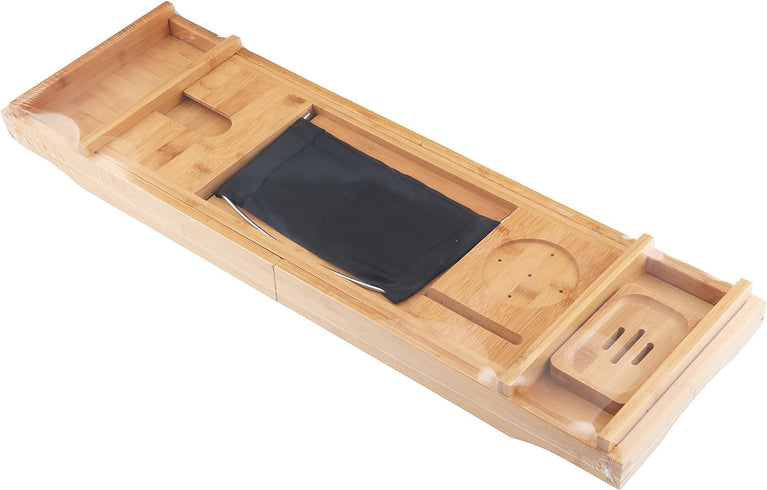 Expandable Bamboo Bath Caddy with Book & Tablet Stand and Wine Glass/Candle Holder