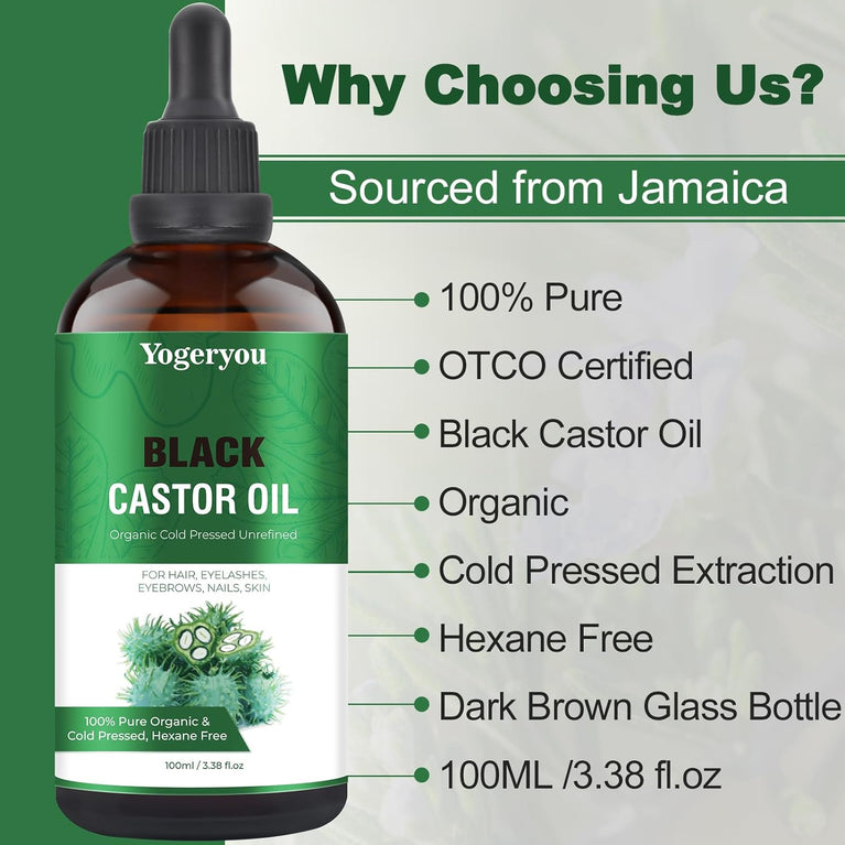 YogerYou Pure Organic Jamaican Black Castor Oil - Cold Pressed, Hexane-free Hair, Skin, Face, Nail & Eyelash Growth Booster in Unrefined Glass Bottle, Comes with Applicator for Thicker Brows & Lashes