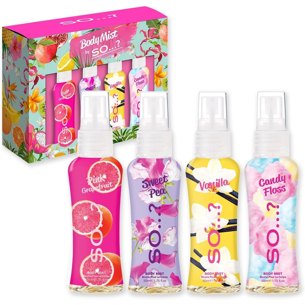 Body Mist Gift Set with Pink Grapefruit, Vanilla, Candy Floss & Sweet Pea Fragrance Spray Set (4x50ml)