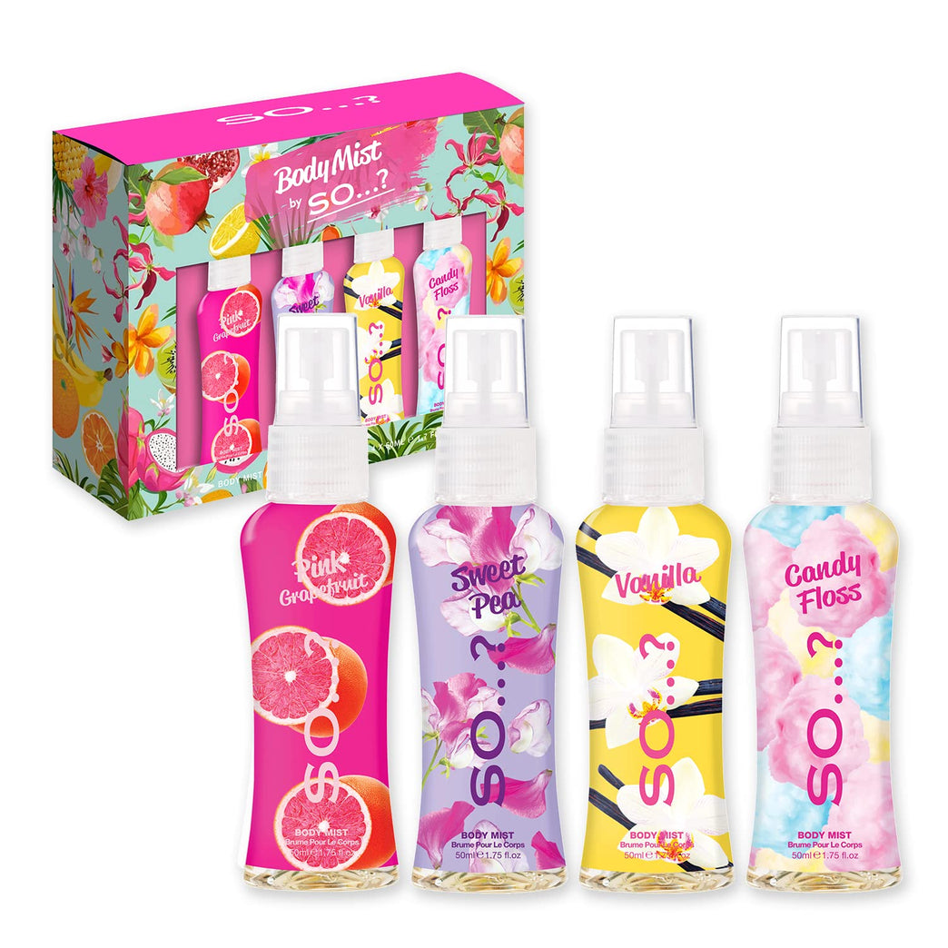 Body Mist Gift Set with Pink Grapefruit, Vanilla, Candy Floss & Sweet Pea Fragrance Spray Set (4x50ml)