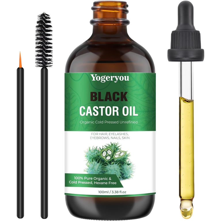 YogerYou Pure Organic Jamaican Black Castor Oil - Cold Pressed, Hexane-free Hair, Skin, Face, Nail & Eyelash Growth Booster in Unrefined Glass Bottle, Comes with Applicator for Thicker Brows & Lashes