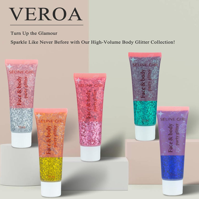 Veroa's Multi-Color Chunky Glitter Gel - 5Pcs, 75ml Holographic Sequins for Body, Hair, Face, Eye, and Lip Festival Makeup Decoration, Perfect for Parties, Shows, Nightclubs, and Art Festivals - Vegan and Cruelty-Free