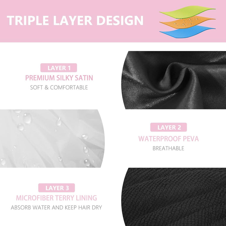 Extra Large Triple Layer Waterproof Shower Cap for Long Hair with Microfiber Terry Cloth