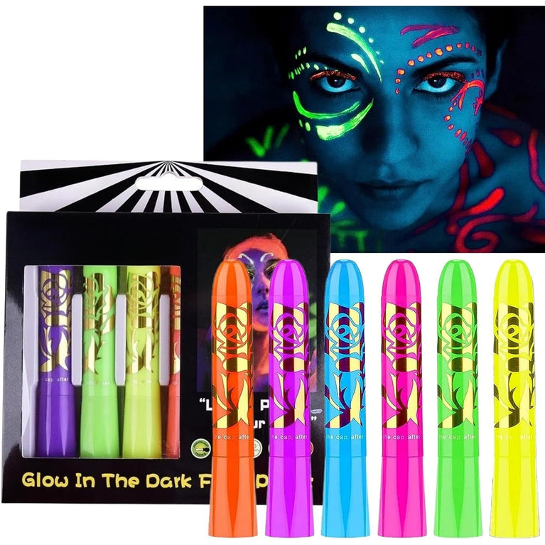 6-Pack Neon Body and Face Paint Crayons - Glow in the Dark, UV Reactive, Water-Based Makeup Kit for Adults - Perfect for Halloween, Parties, and Festivals