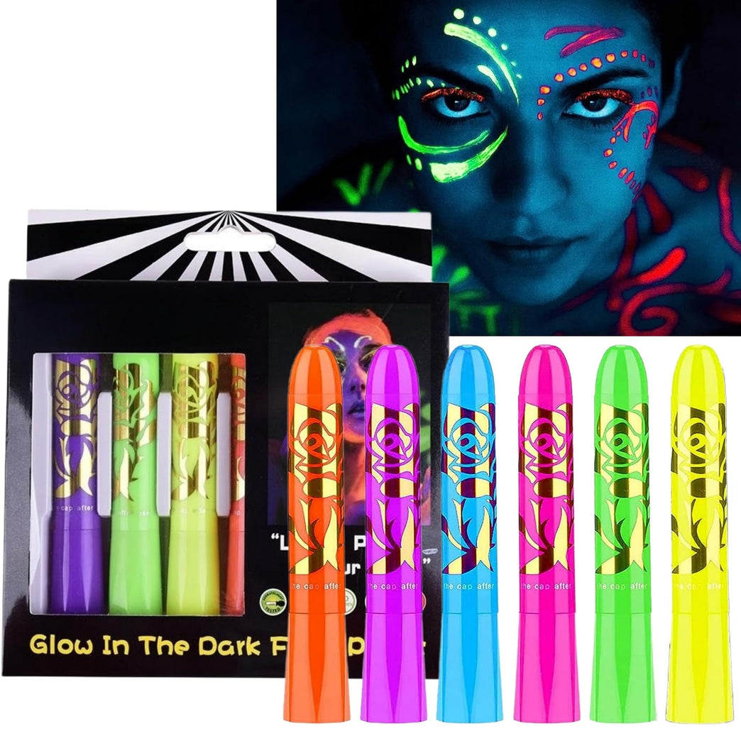 6-Pack Neon Body and Face Paint Crayons - Glow in the Dark, UV Reactive, Water-Based Makeup Kit for Adults - Perfect for Halloween, Parties, and Festivals