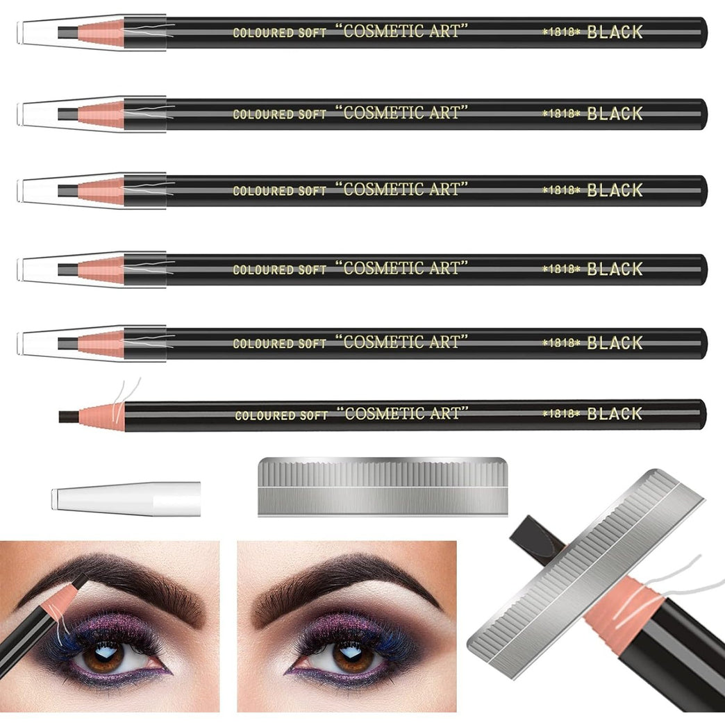 6-Pack Long-Lasting Waterproof Eyebrow Pencil Set with Sharpener - Black Brow Tattoo Makeup and Microblading Kit, Suitable for All Day Wear