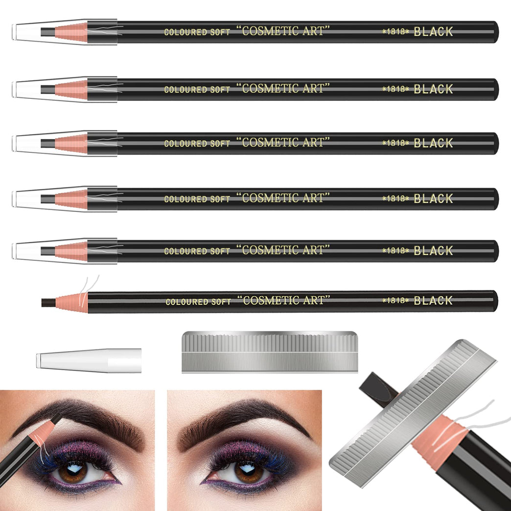 6-Pack Long-Lasting Waterproof Eyebrow Pencil Set with Sharpener - Black Brow Tattoo Makeup and Microblading Kit, Suitable for All Day Wear