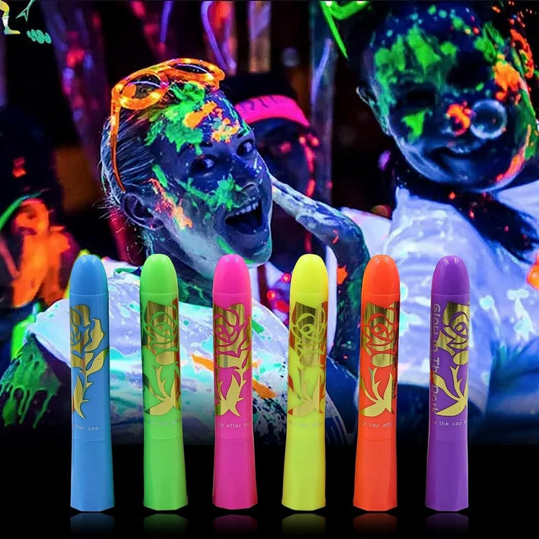 6-Pack Neon Body and Face Paint Crayons - Glow in the Dark, UV Reactive, Water-Based Makeup Kit for Adults - Perfect for Halloween, Parties, and Festivals