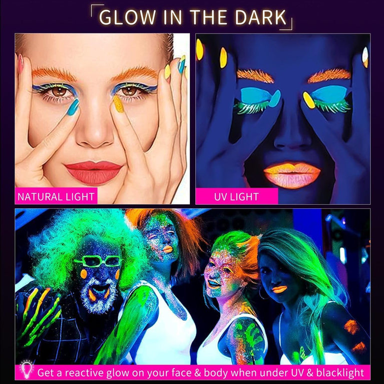 12-Pack UV Reactive Neon Face and Body Paint Crayons with Stencils and Brushes for Glow Parties, Halloween, and Discos