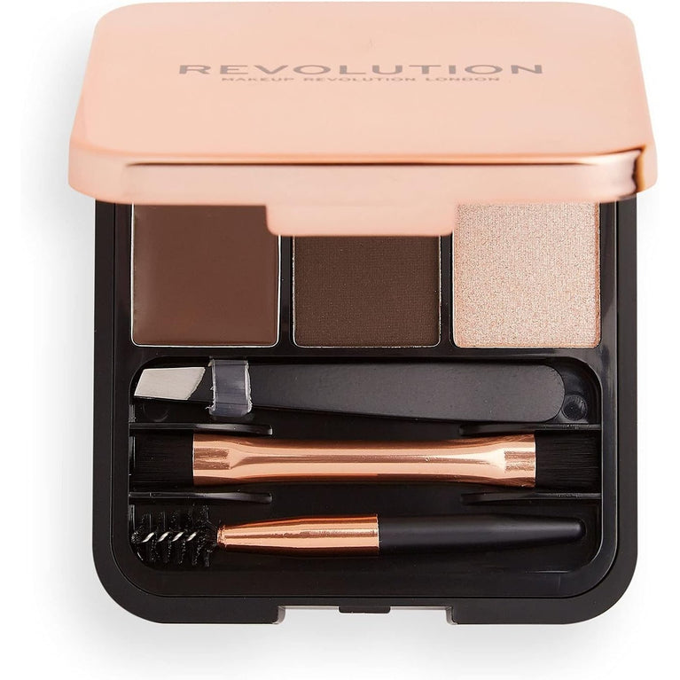 Makeup Revolution Dark Brown Brow Sculpting Kit with Gel, Powder, Highlighter, and Tools- Vegan and Cruelty-Free, 2.2 g