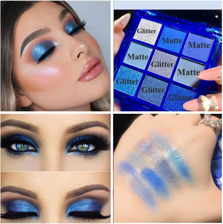 Glittery Navy Blue Eyeshadow Palette: Waterproof Shimmer and Matte Eye Makeup with 9 Cool Tone Shades